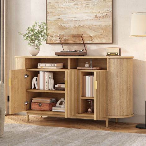Sideboard mit 3 Türen Holzoptik Anrichte Wohnzimmer Schrank Aufbewahrungsschrank MDF PB mit vertikaler Linienstruktur und Kiefernholz Füßen Modernes Stauraummöbel (1/4)