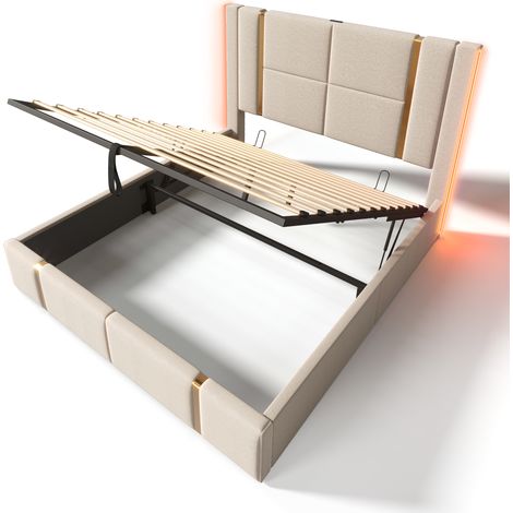 Letto Contenitore Letto Matrimoniale 160 x 200 cm con USB, Type-C e LED regolabile, senza Materasso, Lino Beige (1/5)