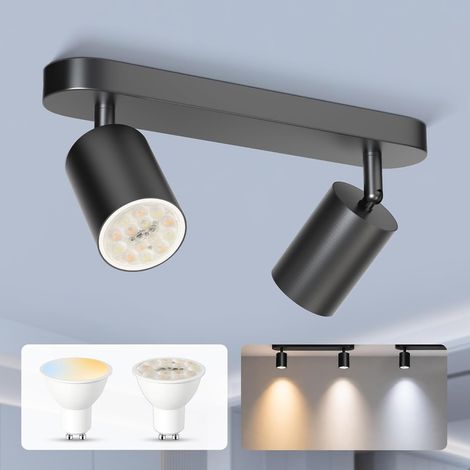 Projecteur LED Plafonnier 2 Spots, Projecteur Murale GU10 Amovible Pivotant à 350°, 5W 3CCT Noir Spotlight pour Salon, Chambre et Couloir incluant Ampoule GU10 (1/5)