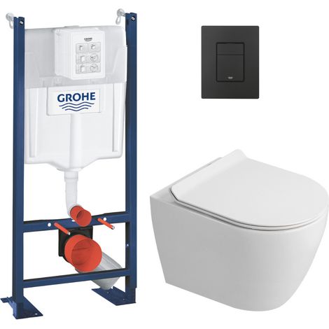 Rapid SL Pack WC bâti autoportant + WC suspendu sans bride Ceramia avec abattant SoftClose + plaque noir mat (GRRCEPXWR13-FR)