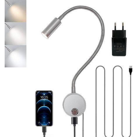 Dimmable Touch Reading Light, LED Indoor Wall Reading Light with Switch and USB Charging Port 360° Flexible Gooseneck Bed Lamp Bedside Bedroom with EU Adapter (1/5)