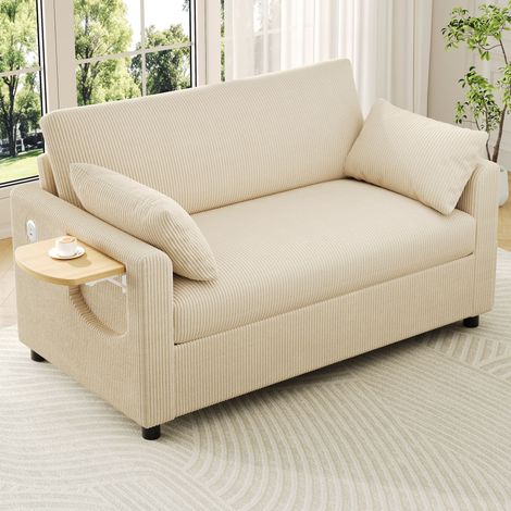 Divano letto 2 posti in corduroy beige 134x82x84 cm, estraibile con USB/USB-C, tavolino pieghevole e materasso