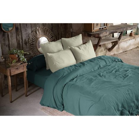 Housse de couette double gaze de coton 240x220 cm 2 taies Bleu/Vert (1/4)