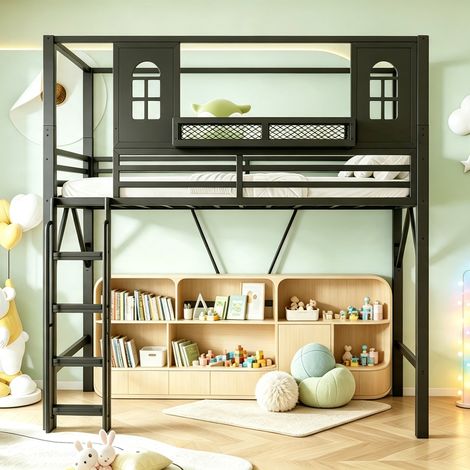 Lit mezzanine enfant 90x200 cm, design maison, fenêtre décorative, échelle sécurisée, étagère de rangement et espace de jeu multifonction - Noir (Sans matelas) (1/5)