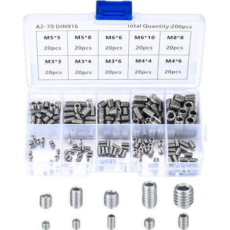 200 Pièces Vis Sans Tête en Acier Inox, M3 M4 M5 M6 M8 Vis à Métaux, Assortiment Kit de Fixations Vis Pointeau (1/4)