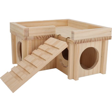 Maison pour hamster à plusieurs pièces avec tunnel en bois et échelle, idéale pour un petit animal de compagnie comme un ourson doré. (1/5)