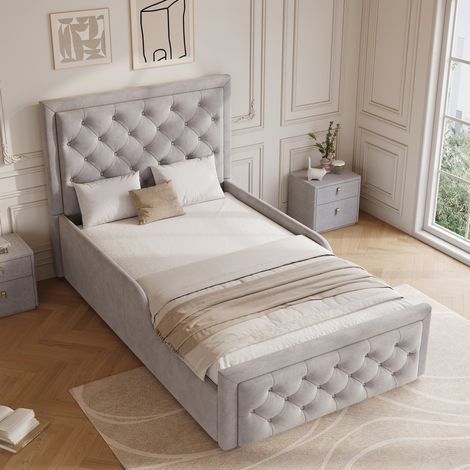 Letto contenitore bambino 90 x 200 cm con rete, testiera capitonata, velluto grigio HAVRYA (1/5)