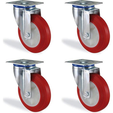 Lot roulettes pivotantes polyuréthane rouge diamètre 125mm charge 540kg