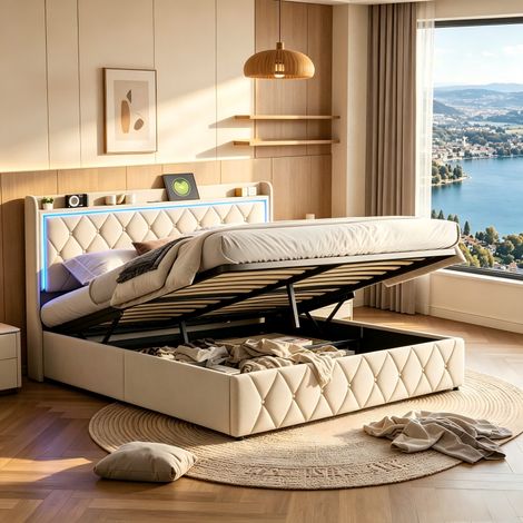 Lit coffre160x200, Lit Adultes capitonné, Lit avec LED et USB, Cadre de lit 2 places de rangement, lit double à sommier tapissier, velours, Beige, sans matelas (1/5)