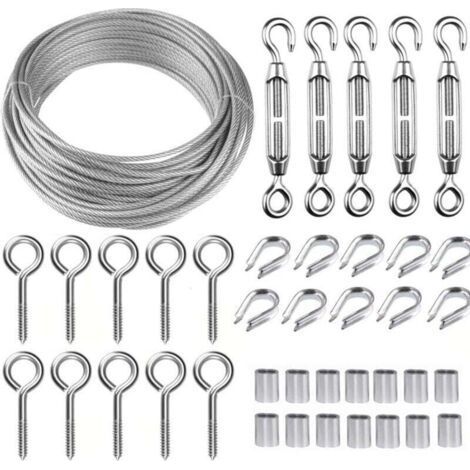 Kit de câble métallique en acier inoxydable de 30.5 m avec tendeur de fil robuste M5, kit de rouleau de fil de clôture, kit de garde-corps de câble, tendeurs de fil de jardin pour plantes grimpante (1/5)