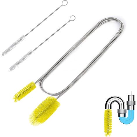 Kit Brosse de Nettoyage de canalisations avec Double tête (2 m) + 2 brosses de Tuyau (20 cm) – Brosse d'évacuation Flexible pour tuyaux, drains, Aquarium et Maison (Jaune) (1/5)