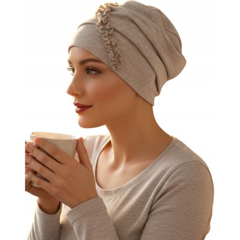 Damen-Turban-Pullover aus hellbeigem Viburnum-Viskose, auch nach der Chemotherapie (1/5)