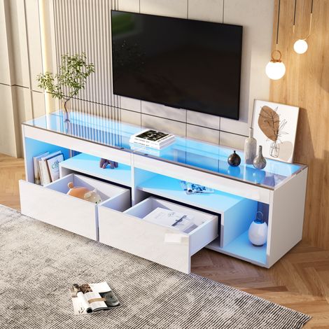 MODFU - Meuble TV 180 x 40 x 46 cm pour télé jusqu'à 70 pouces, blanc laqué brillant, 2 tiroirs, verre trempé, LED dimmable (1/5)
