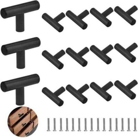 15 poignées de meuble en forme de T avec 15 vis, poignées de porte en forme de T, poignées de tiroir en acier inoxydable, poignées de porte noires, adaptées aux cuisines, salles de bains e (1/4)