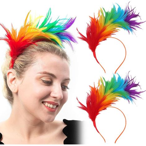 Deux serre-têtes à plumes colorées, accessoires pour cheveux, serre-tête rétro à plumes arc-en-ciel, idéal pour Pâques, etc. (1/5)