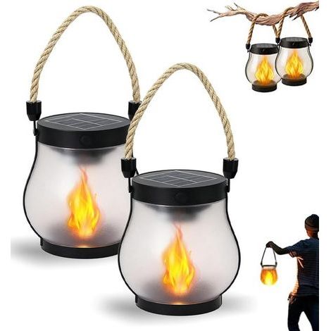 Éclairage solaire de jardin - Lot de 2 - Effet flamme - Lanterne de jardin - Lampe solaire d'extérieur - Étanche - Avec cordelette - Convient pour le camping, les terrasses, les jardins, les patios, l (1/5)