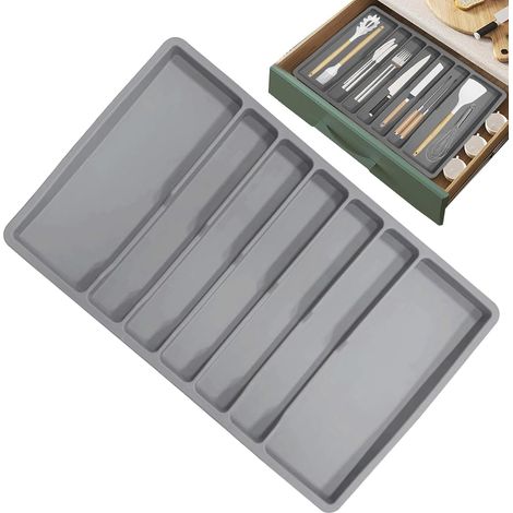 Organiseur de tiroir pour ustensiles cuisine  Porte-ustensiles en silicone gris – Séparateurs rangement et d'organisation cuisine, porte-ustensiles à 7 compartiments - (1/5)