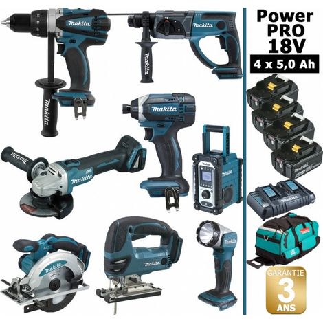 Pack Makita Power PRO 8 outils 18V: DDF458 DHR202 DGA504 DTD152 DJV180 DSS610 DMR107 Lampe DEADML805 4 batt 5Ah 5 Coffrets (1/5)