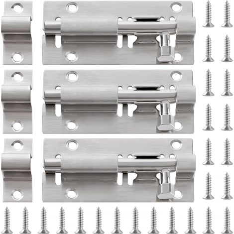 Lot de 3 verrous de porte de 73 mm, verrou de porte coulissante, verrous de porte en acier inoxydable, avec vis, pour salle de bain, chambre et toilettes (1/5)