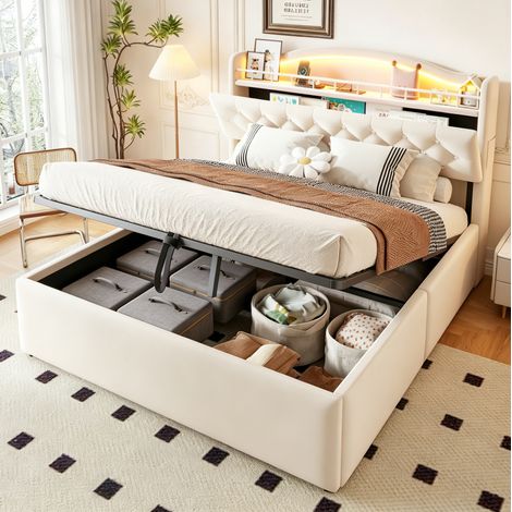 Cama con arcón 140x200 cm con almacenamiento hidráulico, LED, USB y USB-C, cabecero con compartimentos, tela - beige (1/5)