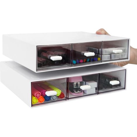 Set of 2 stackable plastic desk organizers for various products (3 drawers, white) (1/5)