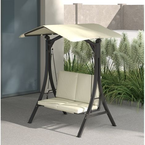 Dondolo da giardino 2 posti in metallo e poliestere crema bianco, tettuccio regolabile UPF30+, 150x120x182 cm (1/5)