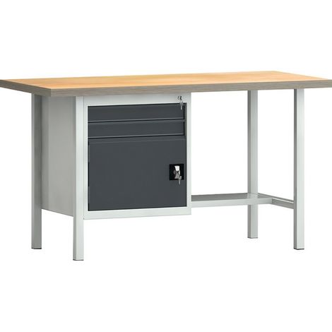 Établi PW 700 l.1500xP700xH840 mm hêtre Multiplex gris clair, RAL 7035 gris anthr., RAL 7016 2 tiroirs 1 porte