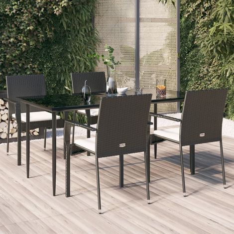 Ensemble Table et Chaise de Jardin et coussins 5 pcs - Meuble de jardin Noir Résine tressée BV760382 - BonneVie (1/5)
