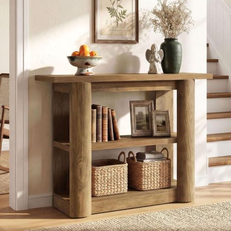 Tribesigns Console Entrée 105cm, Table d'Appoint Industrielle à 3 Niveaux, Table de Canapé Étroite avec Étagères de Rangement, Meuble de Salon et Couloir Gain de Place, Effet Bois Rustique