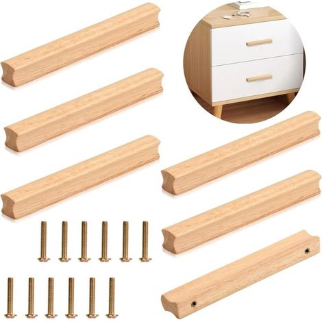 6 Pièces Poignee de Meuble en Bois, Poignée Bois avec Vis pour Armoire, Espacement des Trous 128 mm de Poignée de Meuble Placards en Bois, Poignées de Cuisine en Bois Universelles pour Les Plac (1/5)