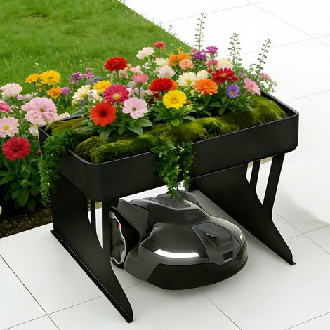 Garage pour Robot Tondeuse avec Jardinière 80x66x48 cm de Jardin Capot de protection solaire Robot de tonte Toit de pelouse Robot de jardin, Résistant aux Intempéries, UV, et Chocs, Noir