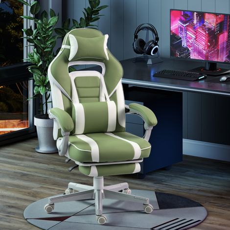 Chaise gamer inclinable avec hauteur réglable, repose-pieds rétractable, support lombaire et appui-tête amovible, verte (1/5)