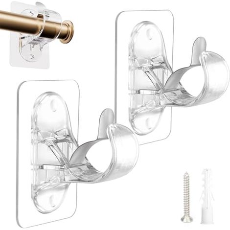 Confezione da 2 supporti per aste per tende senza fori, adesivi, senza fori, ganci adesivi resistenti (trasparenti) (1/5)