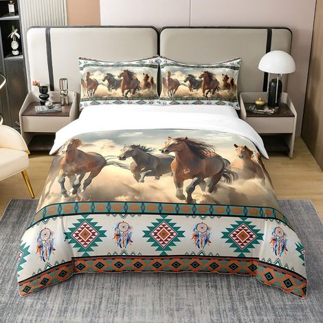 Cheval Parure De Lit 140X200cm pour Enfants Running Cheval 100% Coton Sets De Housse Couette Galop Sauvage Housse Couette Brown Parure Durable - 140 x 200 cm + 1 taie d'oreiller 65 x 65 cm (1/5)