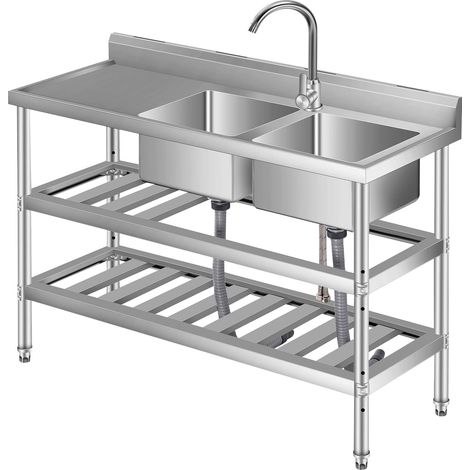 Évier inox sur pied 2 bacs + douchette avec robinet 119x46x81 cm (1/5)