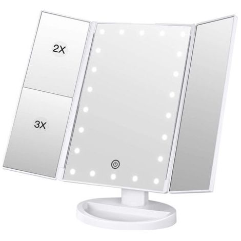 QORVA-Miroir de Maquillage, 1x /2x/3x Miroir de Maquillage à Trois Volets avec 21 lumières LED et Miroir réglable à écran Tactile Miroirs de comptoir cosmétiques (Blanc)