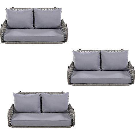 3er-Set PE-Rattan-Schaukel-Doppelsitz, Hängeschaukel für den Garten im Freien, mit Kissen und 2 Ketten (240 cm/Stück), ohne Rahmen, Kissen sind abnehmbar und waschbar, belastbar 320 kg, grau
