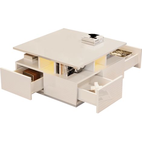 Tavolino da caffè 70x70x40 cm, Salvaspazio con LED e 4 Cassetti, Pannello Truciolato Bianco, per Soggiorno e Camera (1/5)
