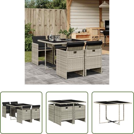 Essgruppe - 5-tlg. Garten-Essgruppe mit Kissen Hellgrau Poly Rattan (1/5)