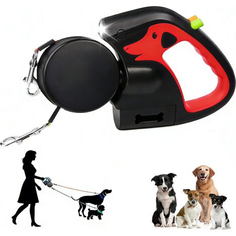 Hundeleine - Hundeleine 3 Meter - Doppelte Hundeleine zum Gassigehen mit 2 Hunden – mit 360° verwicklungsfreiem Nylonband, rutschfestem Griff, wiederaufladbarer Taschenlampe für Hunde bis 10 kg (rot) (1/5)