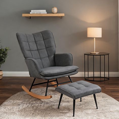 Fauteuil à bascule gris avec repose-pieds en tissu et structure (1/5)