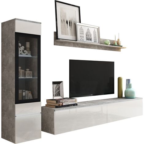 Ensemble de salon Mirfivo 100, Béton + Blanc brillant