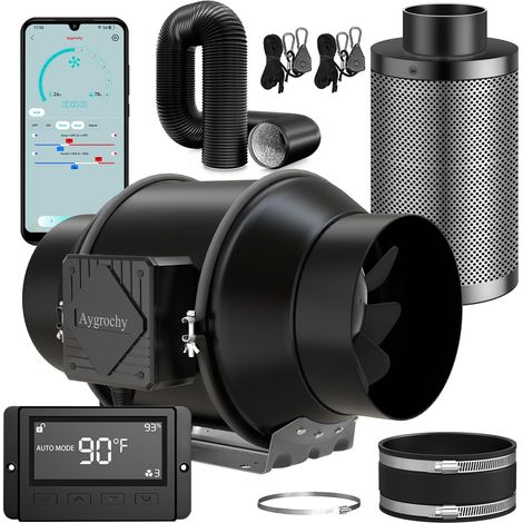 150mm Wifi App Ventilateur en Ligne Kit avec régulateur de température et d'humidité, Extracteur d'air avec Filtre à Charbon d'air et Tuyau d'évacuation pour Culture hydroponique (1/5)