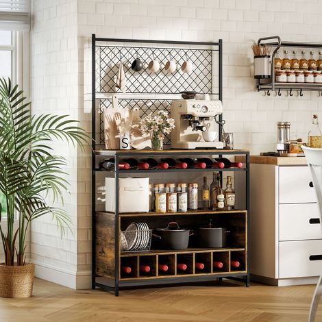 Étagère marron avec plan de travail, panneaux grillagés métalliques, 5 crochets, rangement mural pour épices, casseroles et poêles, armoire de cuisine