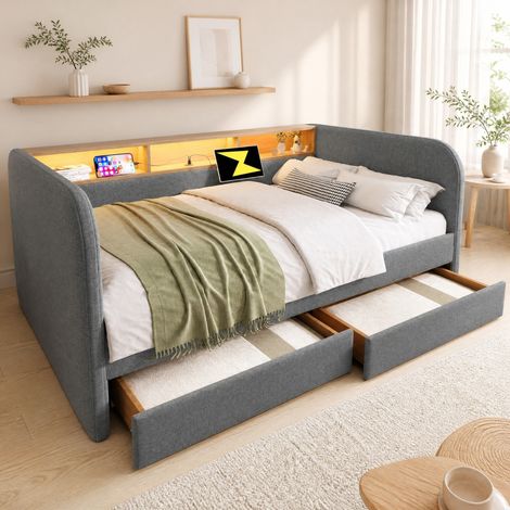 Lit banquette 140x190 cm gris en lin avec LED, ports USB-C et 2 tiroirs (1/5)