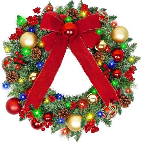 Bunter LED-Weihnachtskranz,60 farbige LEDs,Automatischer Timer (6/18),Große rote Schleife,Verziert mit Beeren,Tannenzapfen und Kugeln,50 cm (1/5)
