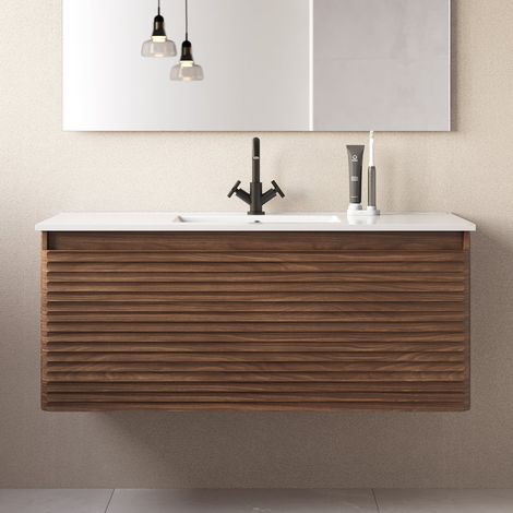 Meuble de salle de bain 120cm simple vasque - 2 tiroirs - sans miroir - noyer (bois foncé) - SUZA