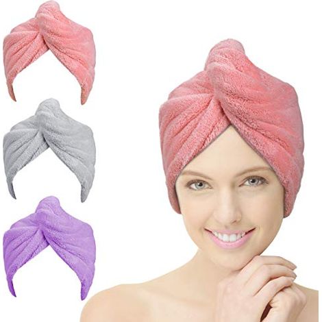 Lot de 3 serviettes pour sécher les cheveux, serviettes super absorbantes et bandeaux avec bouton, adaptés aux femmes (rose, violet, gris). (1/5)
