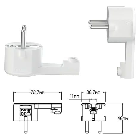 Fiches Schuko plates lot de 3, fiche plate IP20, fiche Schuko coudée extra-plate 250 V / 16 A, câbles jusqu’à 1,5 mm², fiche plate avec décharge de traction, Blanc (1/4)