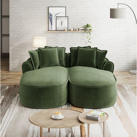 Sofá modular de chenilla verde, convertible en chaise longue amplia o sofá cama, profundidad de asiento 122 cm (1/5)